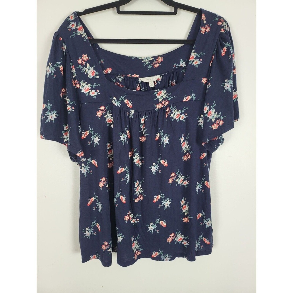 Lucky Top XXL Womens Plus Size Blue Floral Square Neck Short Sleeve Pullover